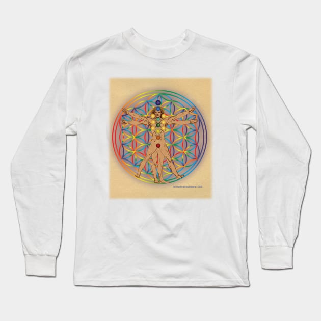 Virtruvian Man and Flower of Life on Parchment Long Sleeve T-Shirt by BigCatGymSportswear